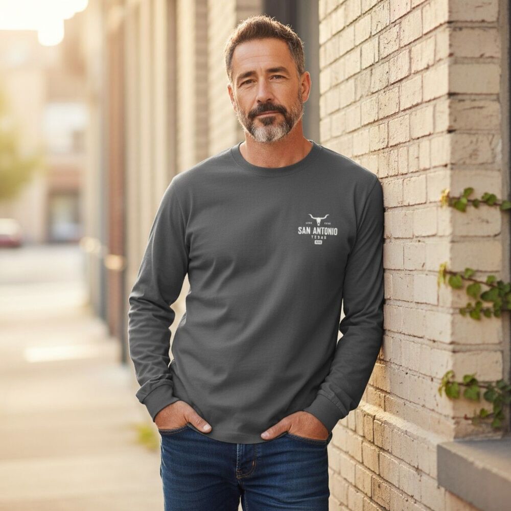 Gray Long Sleeve Comfort Wash San Antonio Texas T Shirt Large